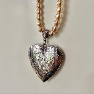 Faux Pearl Necklace and Decorative Heart Locket